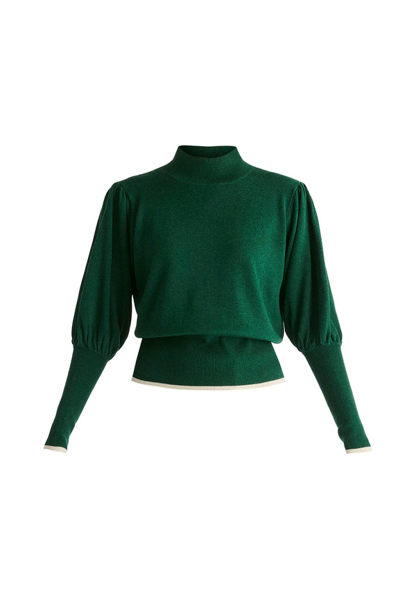 High Neck Knitted Top with Contrast Trim in Green Cutout